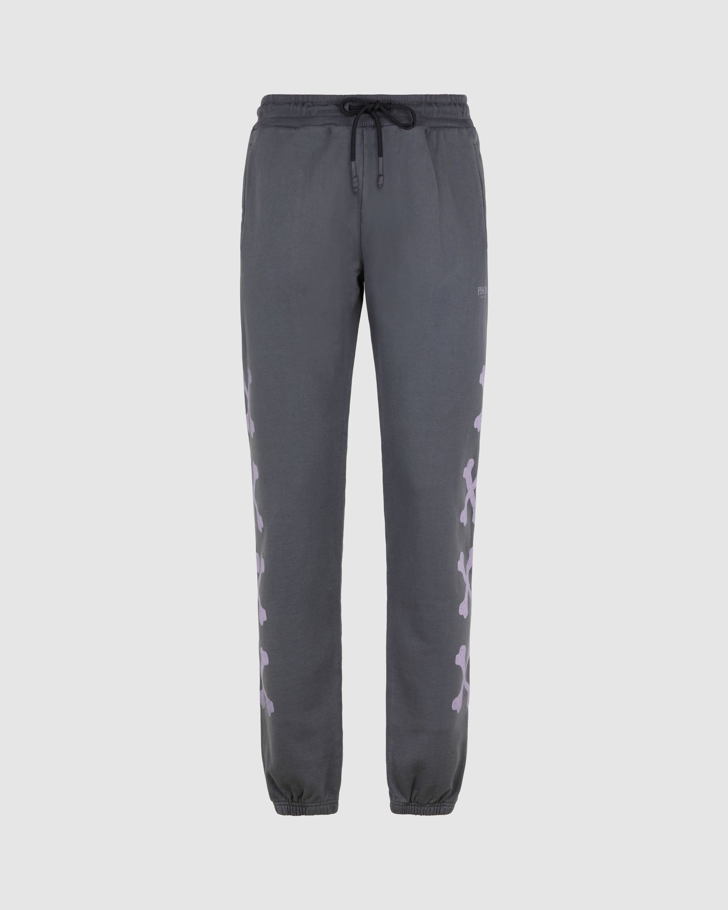 GREY PANTS WITH LILAC CROSS BONES