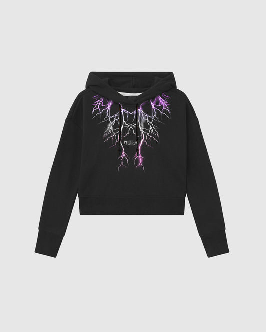 BLACK CROP HOODIE WITH PURPLE GREY FUXIA LIGHTNING