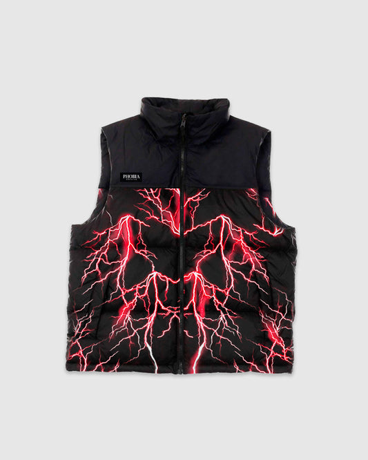 BLACK PUFFY VEST WITH RED ALL OVER LIGHTNING