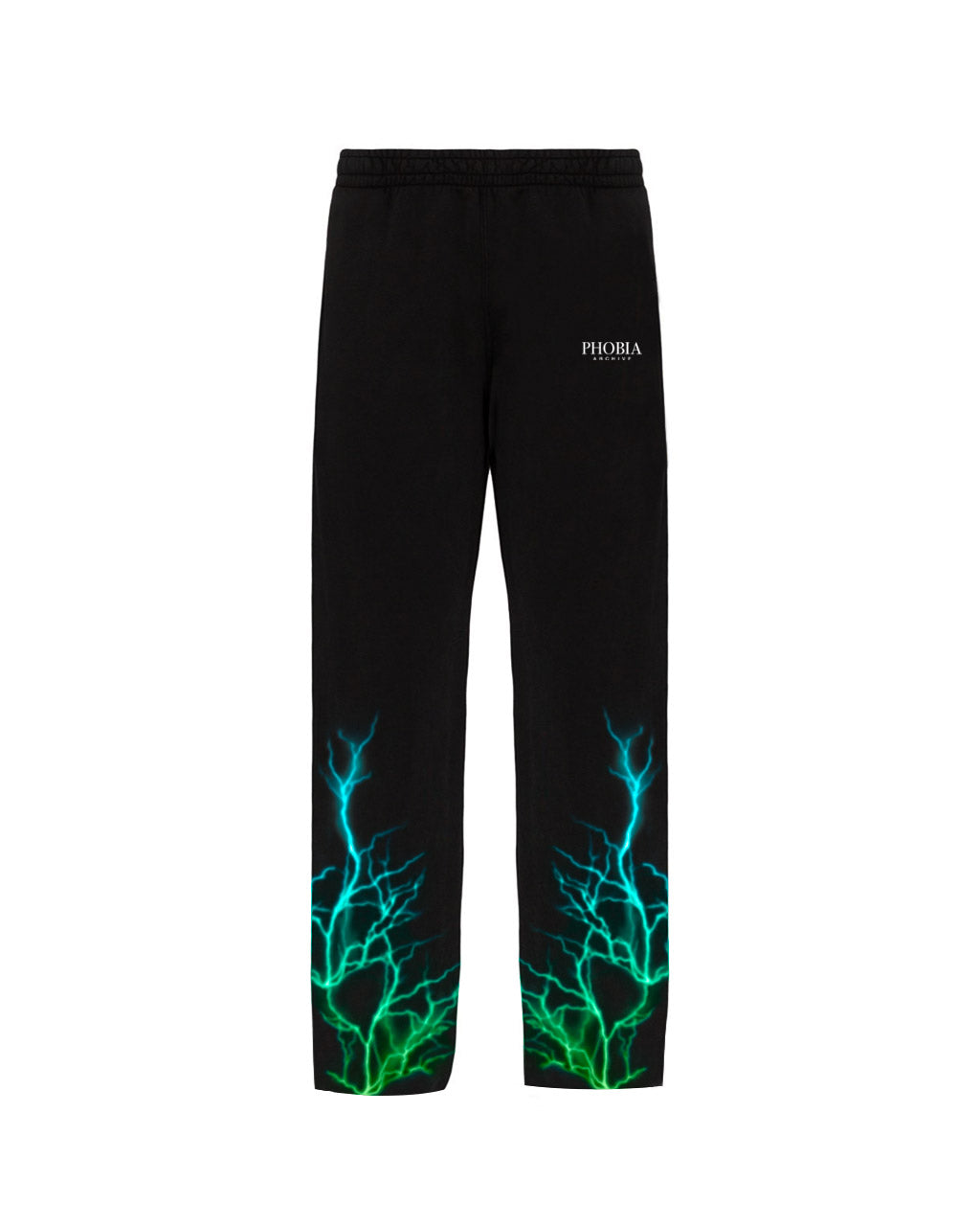 BLACK PANTS WITH GREEN AND LIGHTBLUE LIGHTNING