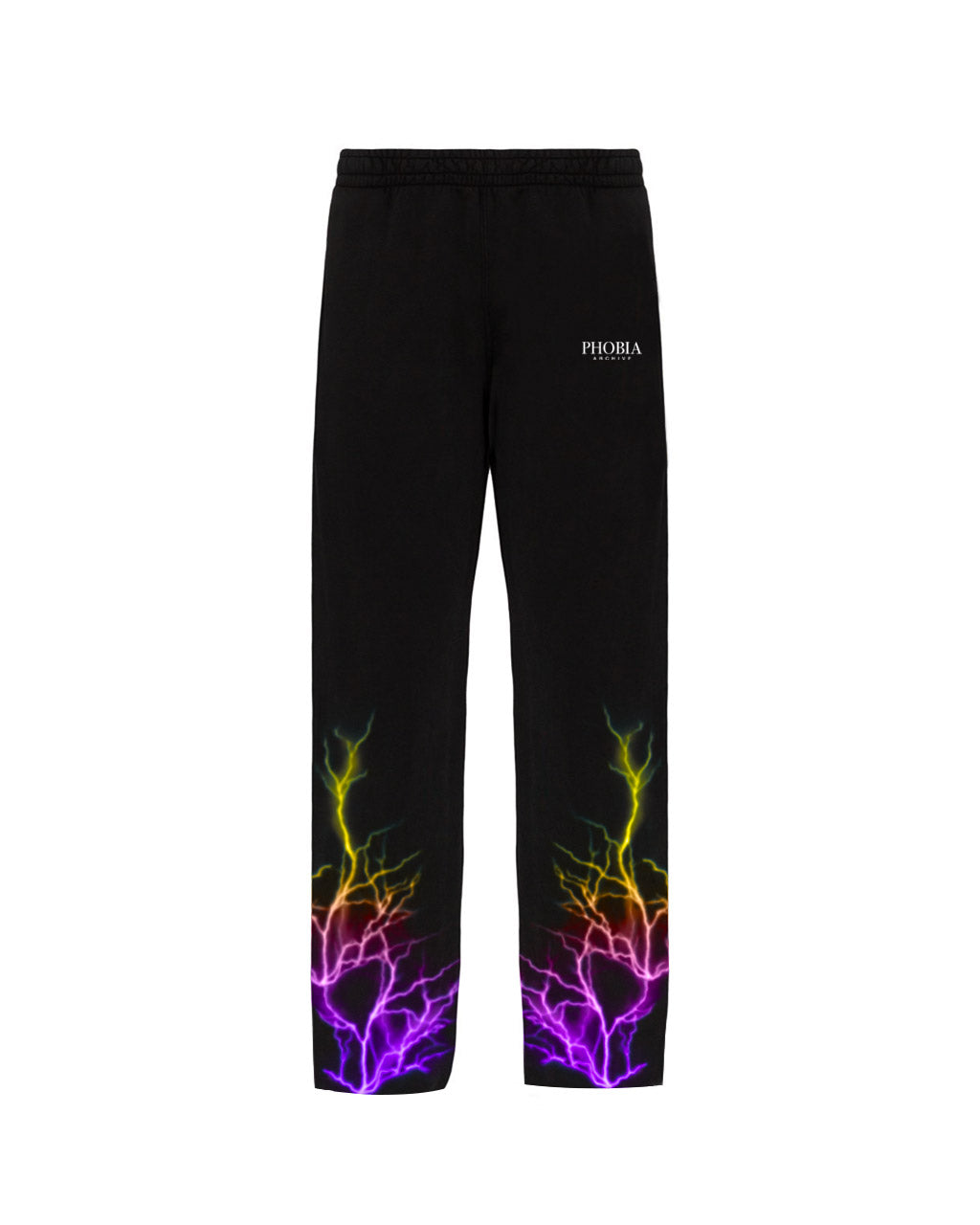 BLACK PANTS WITH PURPLE AND YELLOW LIGHTNING