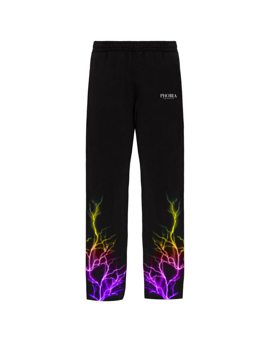 BLACK PANTS WITH PURPLE AND YELLOW LIGHTNING