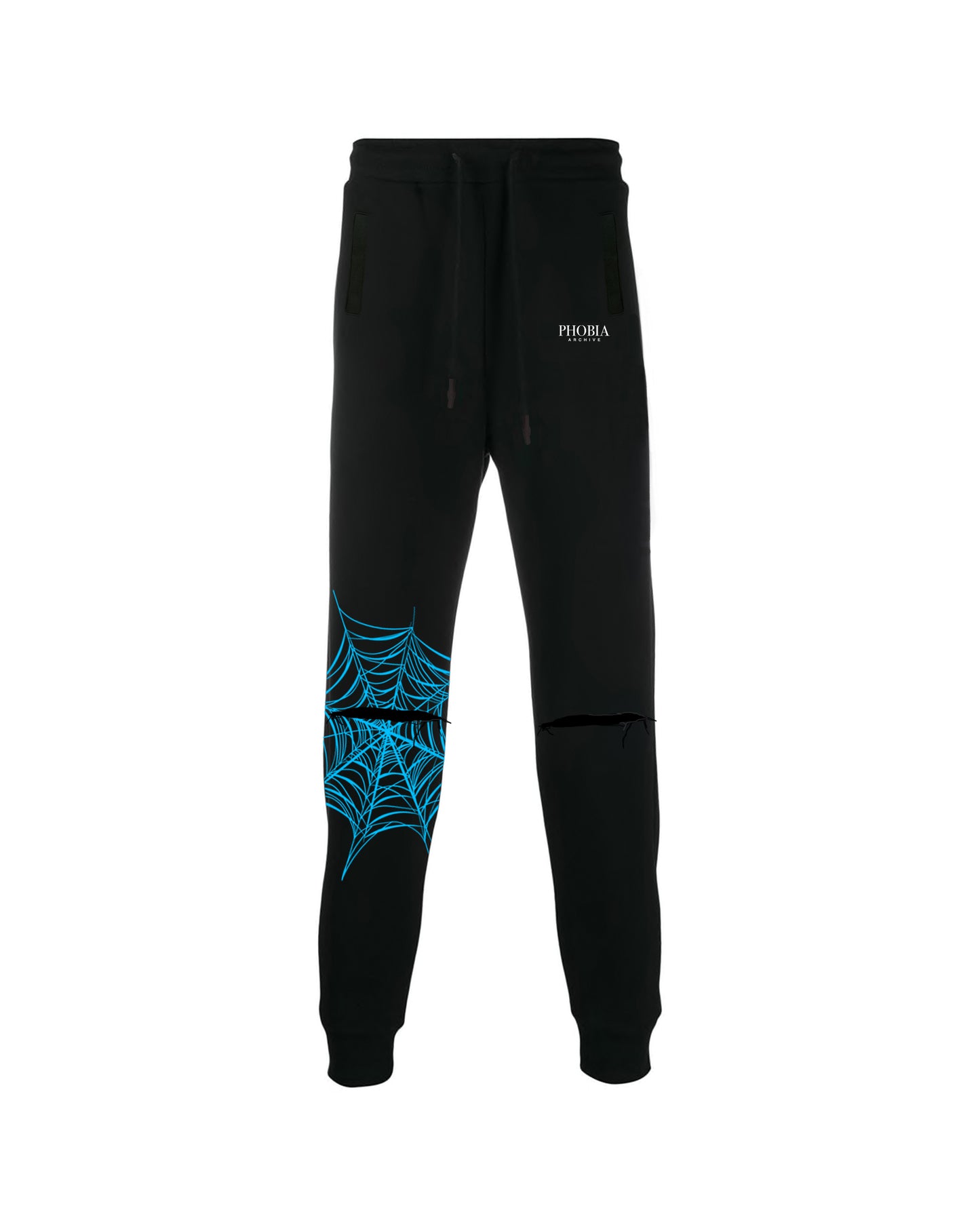 BLACK PANTS WITH LIGHTBLUE COBWEB PRINT