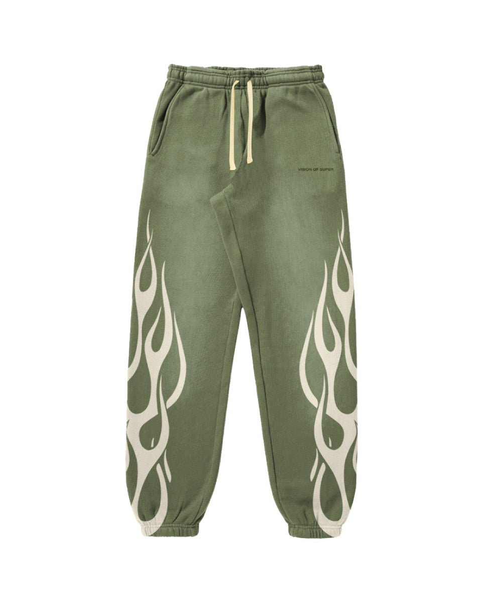 GREEN PANTS WITH OFF WHITE FLAMES