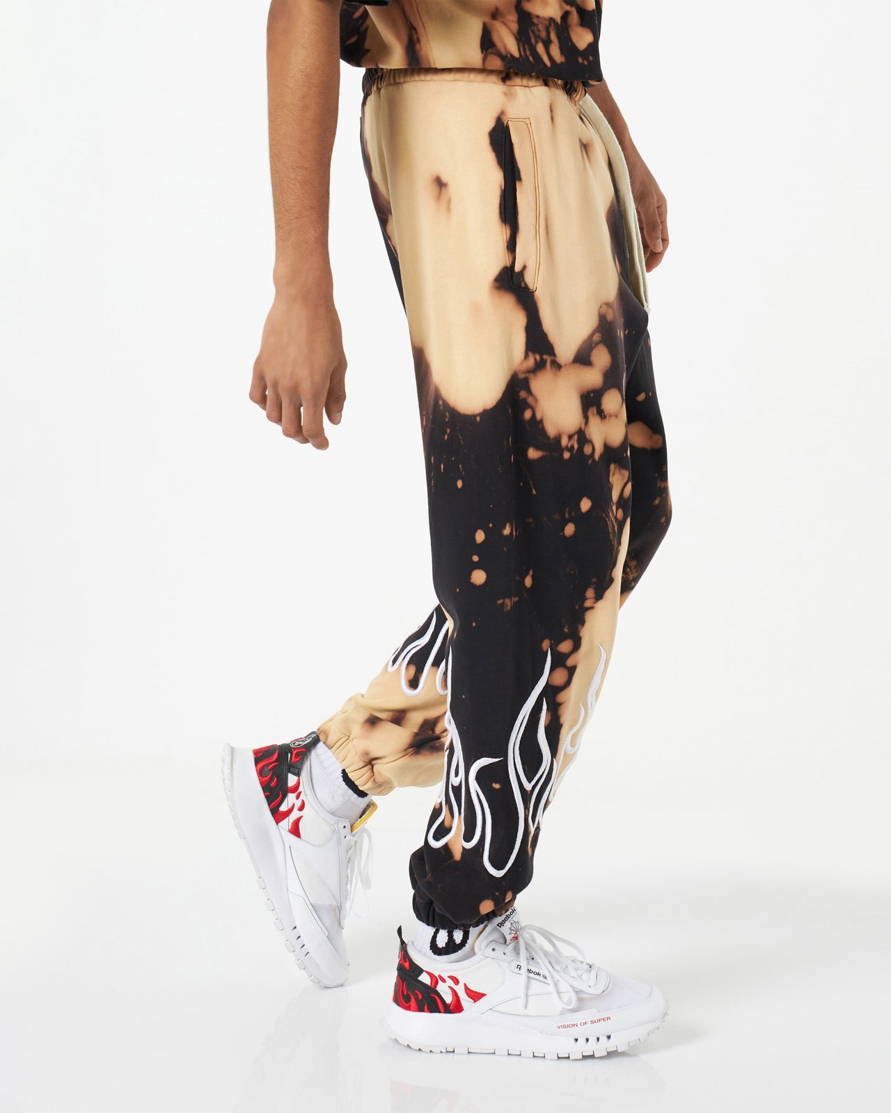 BLACK TIE DYE PANTS WITH EMBROIDERY FLAME