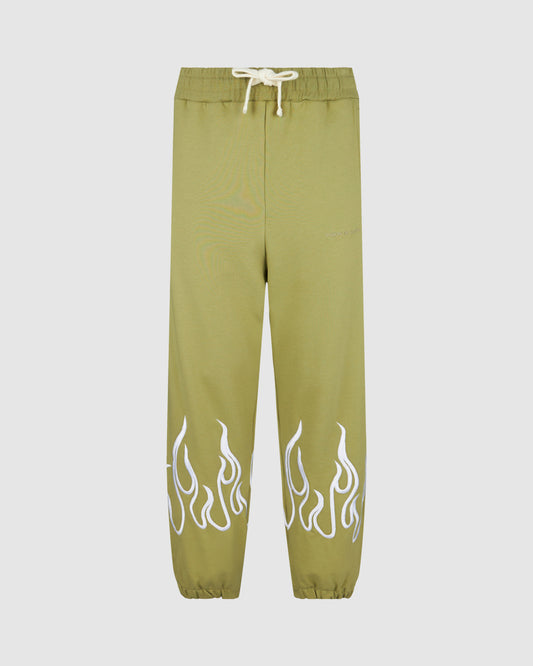 GREEN PANTS WITH EMBROIDERY FLAME