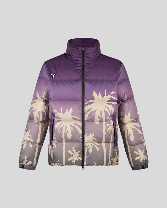 PURPLE PUFFY OUTWEAR WITH PALM TREE PRINT REV.