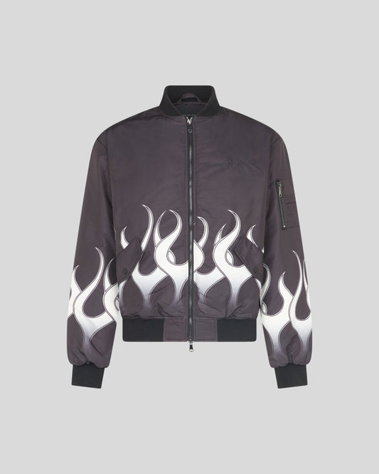 BLACK BOMBER WITH WHITE PRINT FLAMES