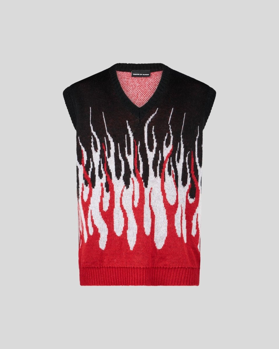 BLACK GILET WITH WHITE AND RED JACQUARD FLAMES