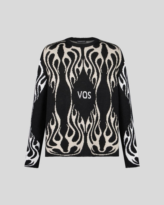 BLACK JUMPER WITH WHITE AND SAND JACQUARD LOGO AND FLAMES