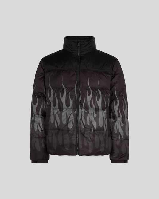 BLACK PUFFY JACKET WITH BLACK FLAMES