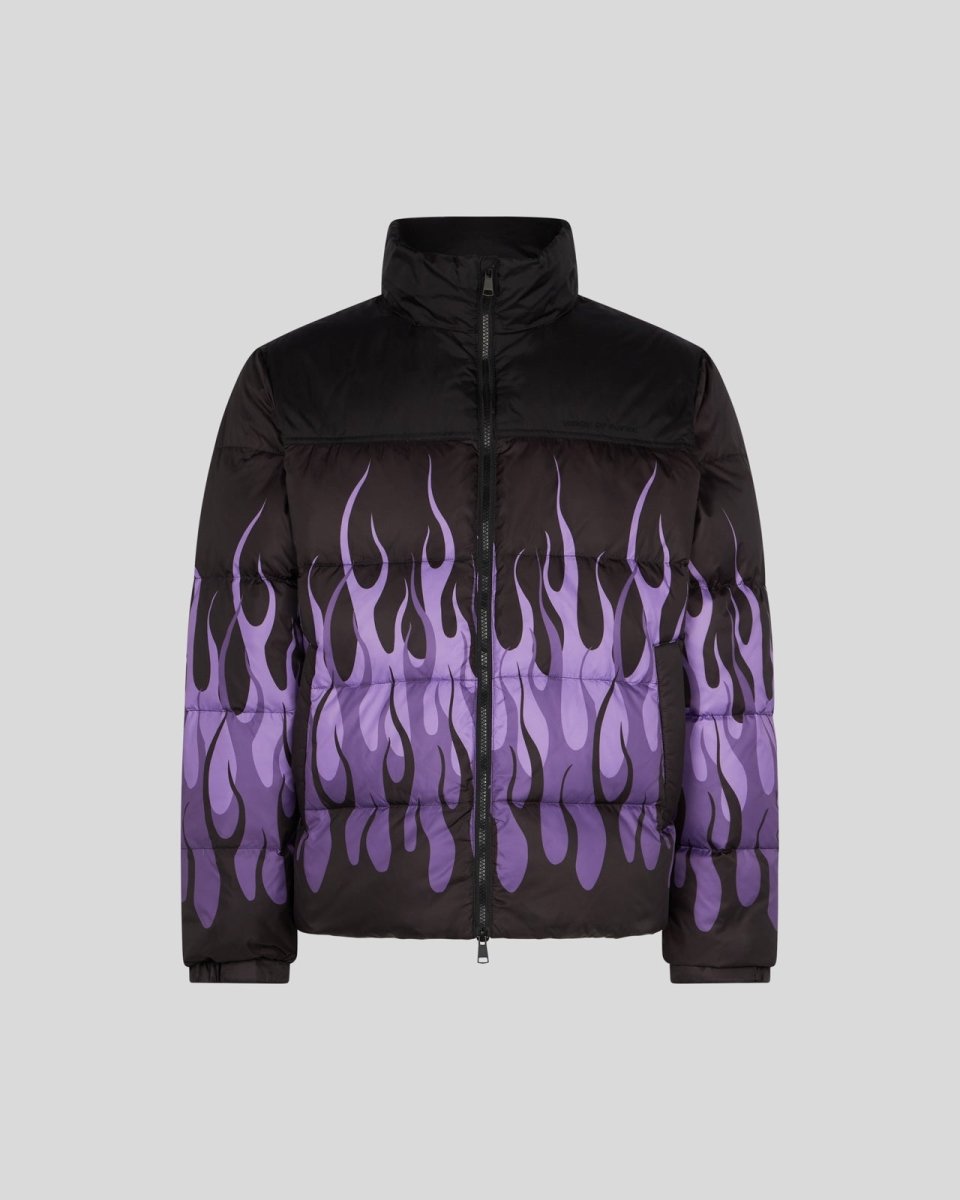 BLACK PUFFY JACKET WITH PURPLE FLAMES