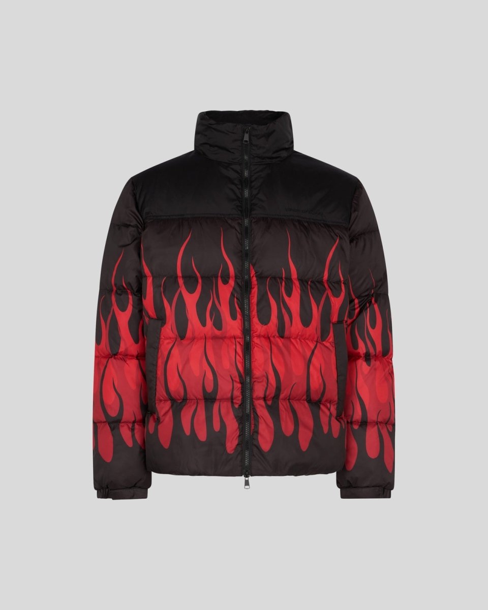 BLACK PUFFY JACKET WITH RED FLAMES