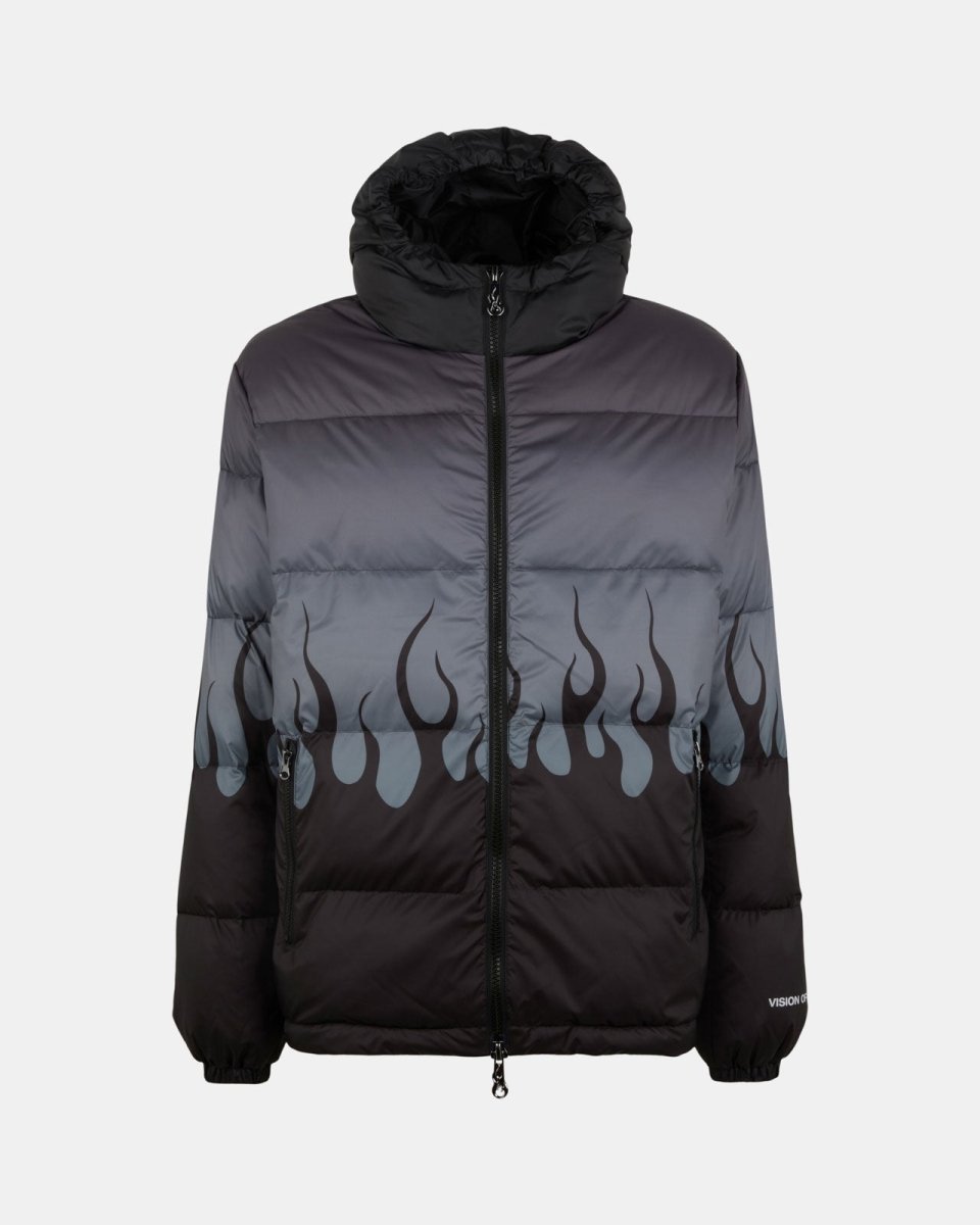 BLACK PUFFY OUTWEAR WITH GREY NEGATIVE FLAMES