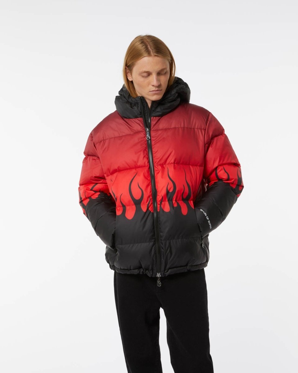 BLACK PUFFY OUTWEAR WITH RED NEGATIVE FLAMES