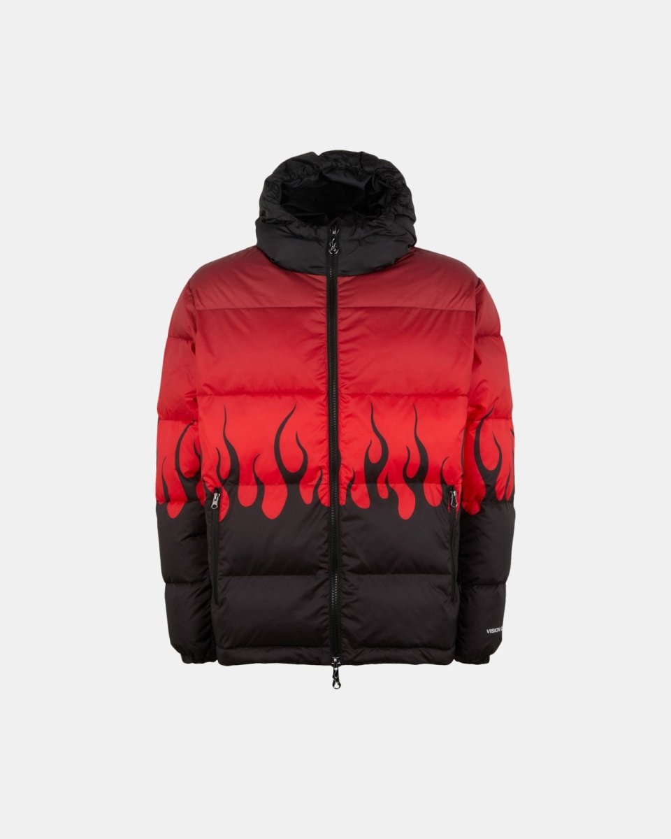 BLACK PUFFY OUTWEAR WITH RED NEGATIVE FLAMES