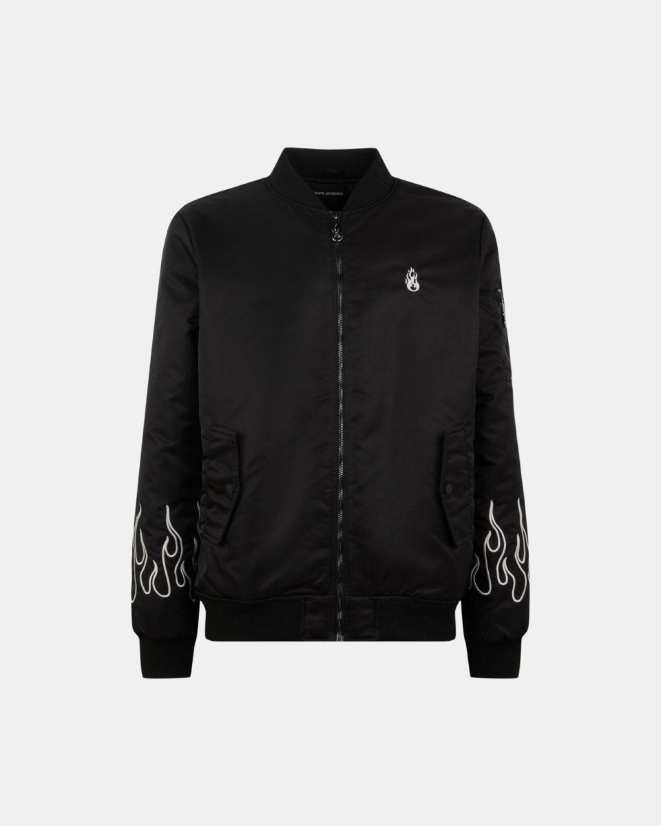 BLACK BOMBER WITH WHITE EMBROIDERY FLAMES